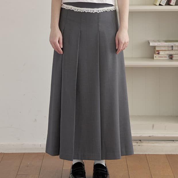 [1회 착용] 미에르꼴레스 레이스 플리츠 롱 스커트 그레이 회색 S