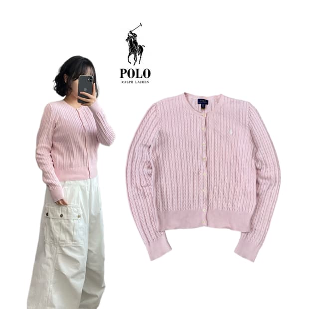 폴로 포니 꽈배기 케이블 니트 가디건 분홍 핑크