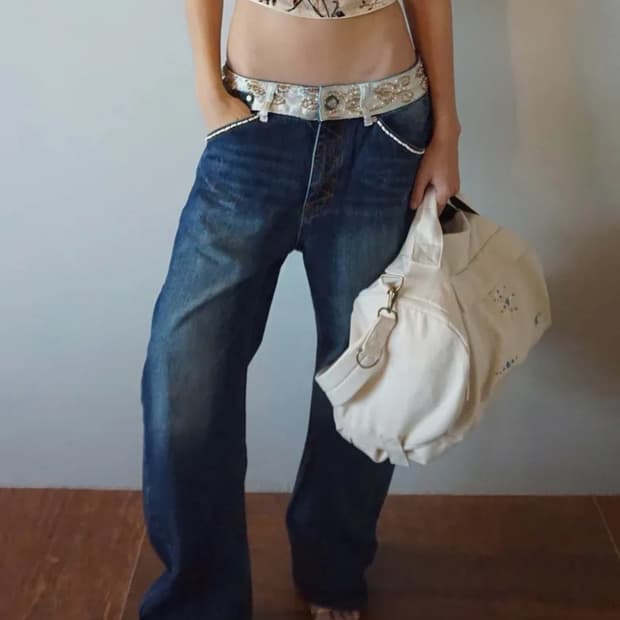 스컬프터Beaded Waist 데님 팬츠 인디고블루 xs