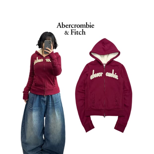 아베크롬비 Y2K 퍼 딱붙 아치로고 버건디 후드집업