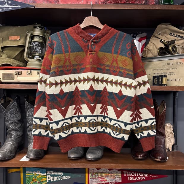 90s 빈티지 자카드 나바호 패턴 헨리넥 울 스웨터
