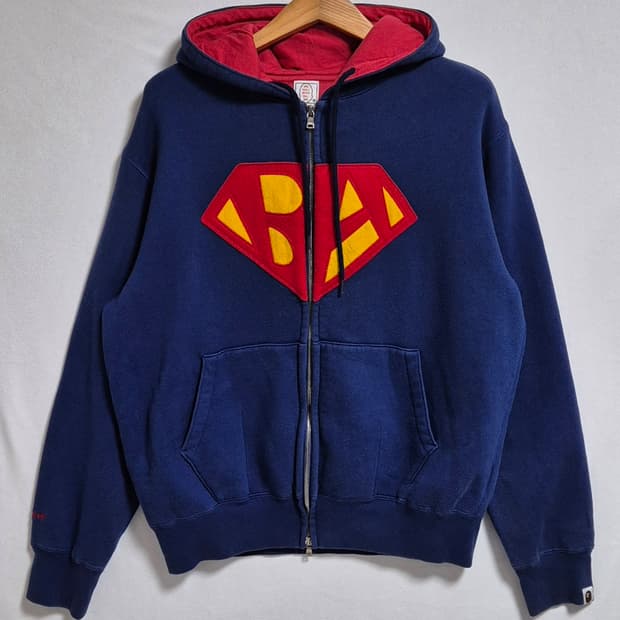 오버핏 M ) BAPE 베이프 x DC 슈퍼맨 다크블루 기모 후드티