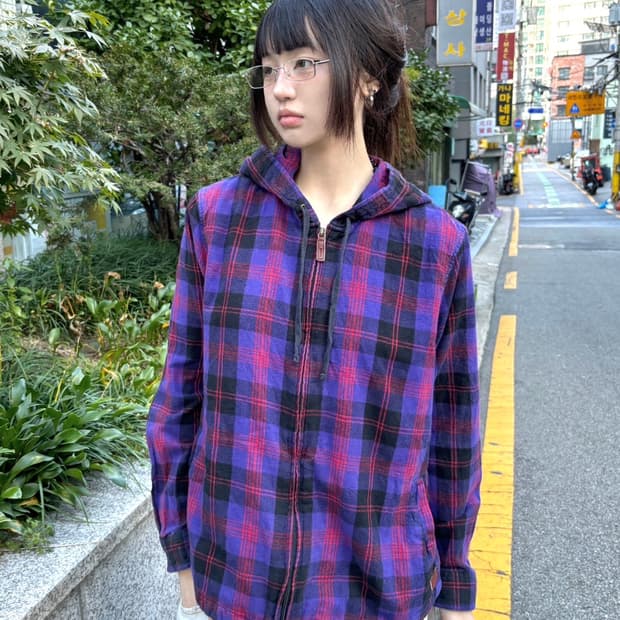 90s LL BEAN 퍼플 타탄체크 후드셔츠