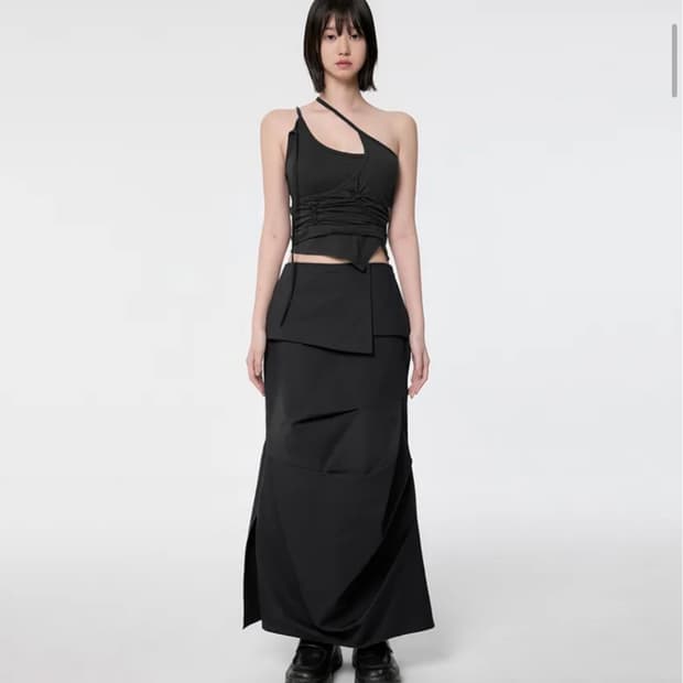 Drape Layered Maxi Skirt (FL-238_Black)