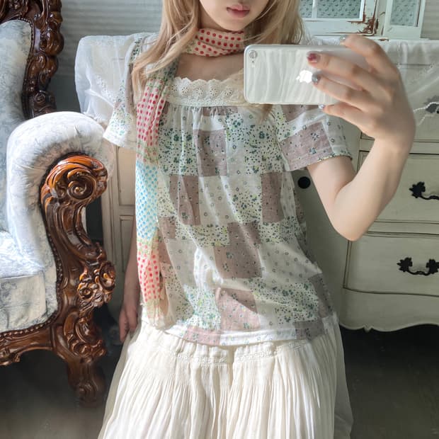 일본빈티지 패치워크 모리 잔꽃 레이스 펀칭 린넨 반팔