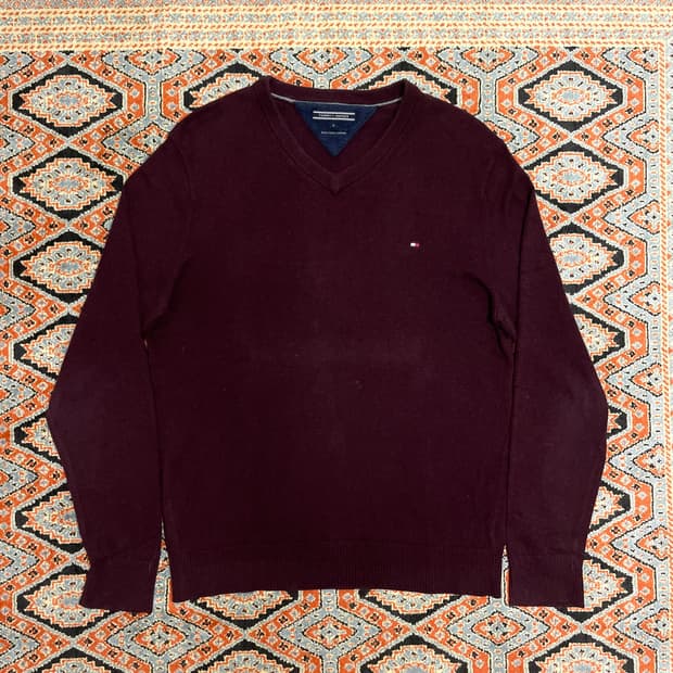 타미힐피거 버건디 브이넥 캐시미어 혼방 니트 남성M