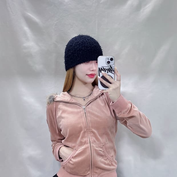 Y2K JAPAN 빈티지 뮤트핑크 벨벳 후드집업 