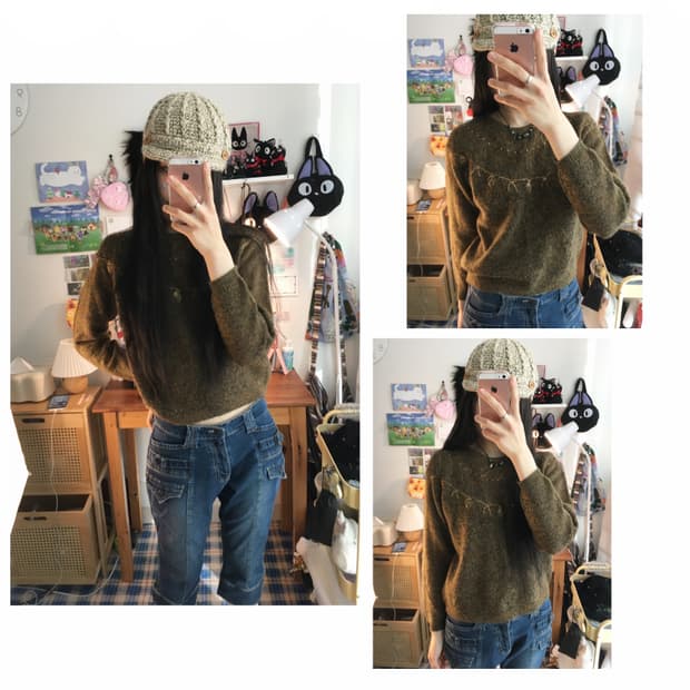 vintage antique pattren round knit olive