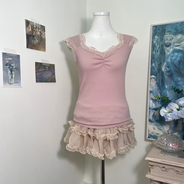 pink lace trim shirring top(size-M)