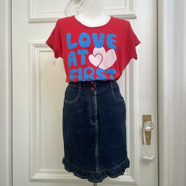 red button point ruffle denim midi skirt