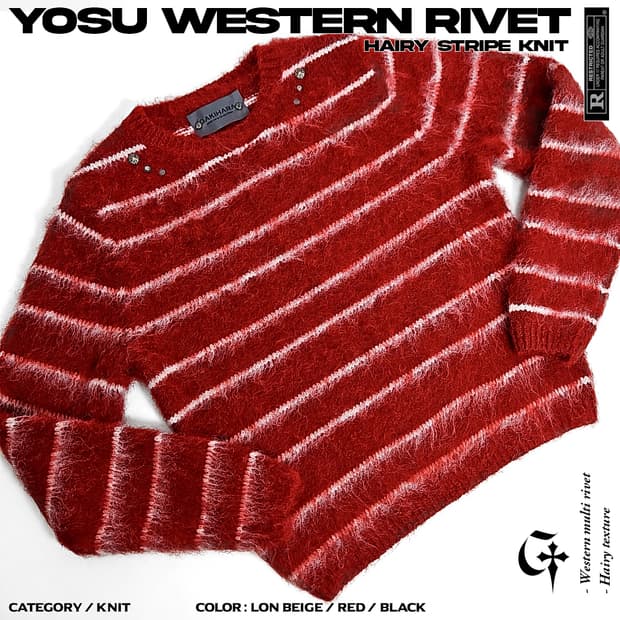 Yosu 웨스턴리벳 헤어리 스트라이프 니트 (red)
