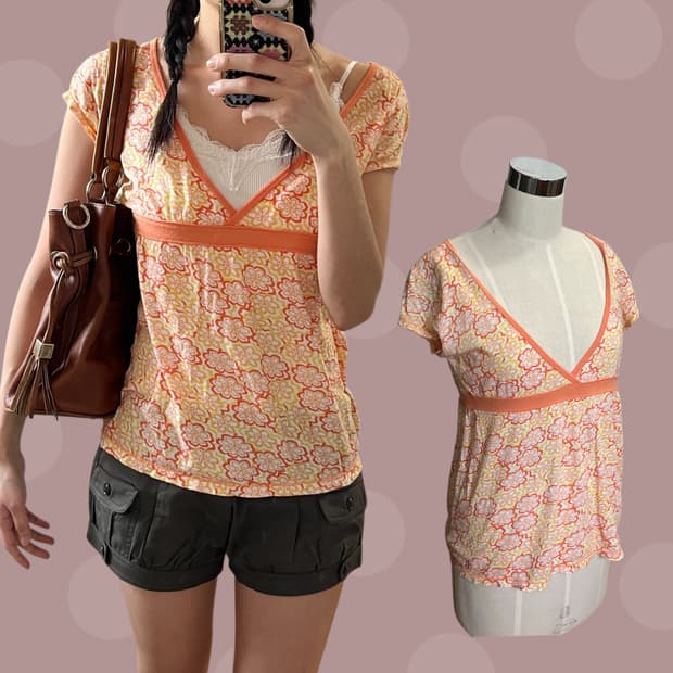 핀터깔 오렌지 플라워패턴 블라우스