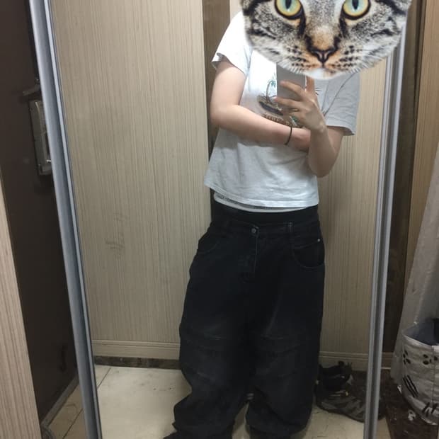 블랙 워싱 와이드 데님 팬츠