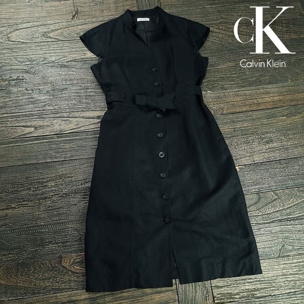 [캘빈클라인] 린넨 반팔 롱 원피스 블랙 M19493