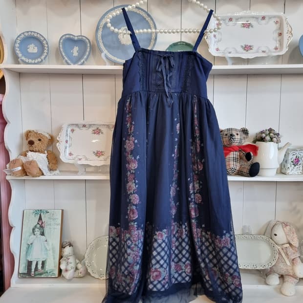 엑시즈팜(axes femme) 네이비 플로럴 체크 레이어드 원피스