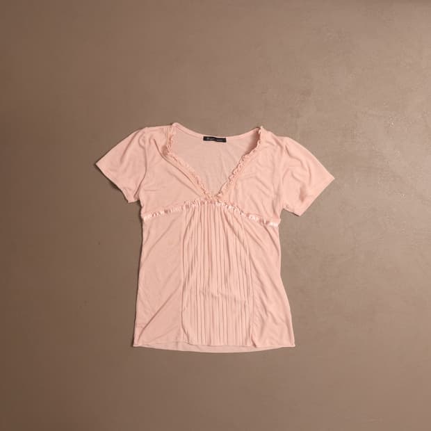 일본빈티지 프릴 쉬폰 스판 탑 반팔티셔츠 A723