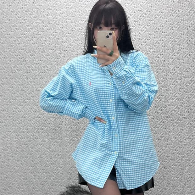 폴로 랄프로렌 커스텀핏 핑크포니 스카이블루 체크 셔츠 L C09703