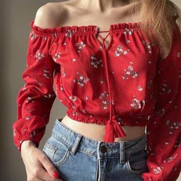 [무료배송]H&M 오프숄더 플라워 밴딩 퍼프소매 사브리나 블라우스 L