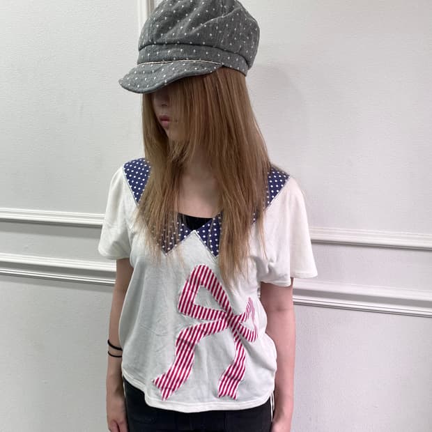 00’s Dot Pattern&Ribbon Print Tee