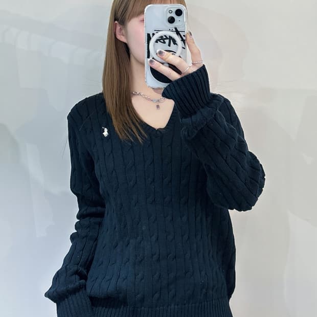 폴로랄프로렌 블랙 포니 케이블 브이넥 니트