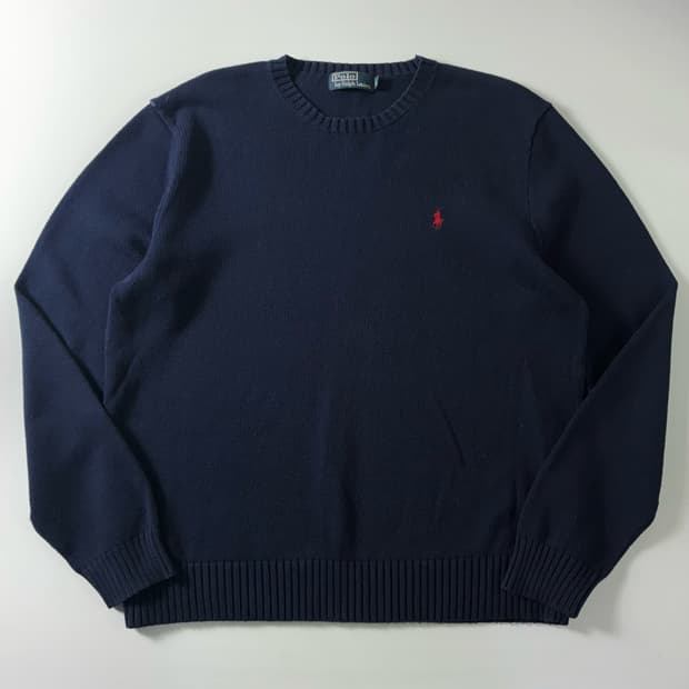 Polo  폴로 랄프로렌 90,s 자수 코튼 네이비 라운드 니트 