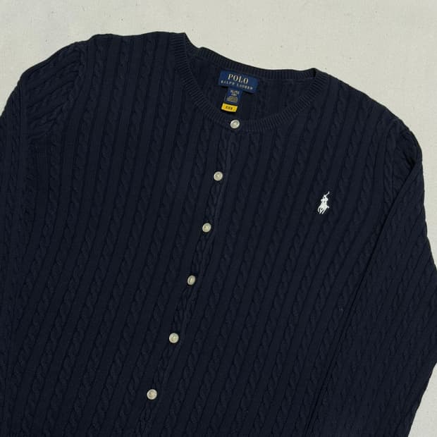 XL 폴로랄프로렌 여성용 네이비 케이블 니트 가디건 