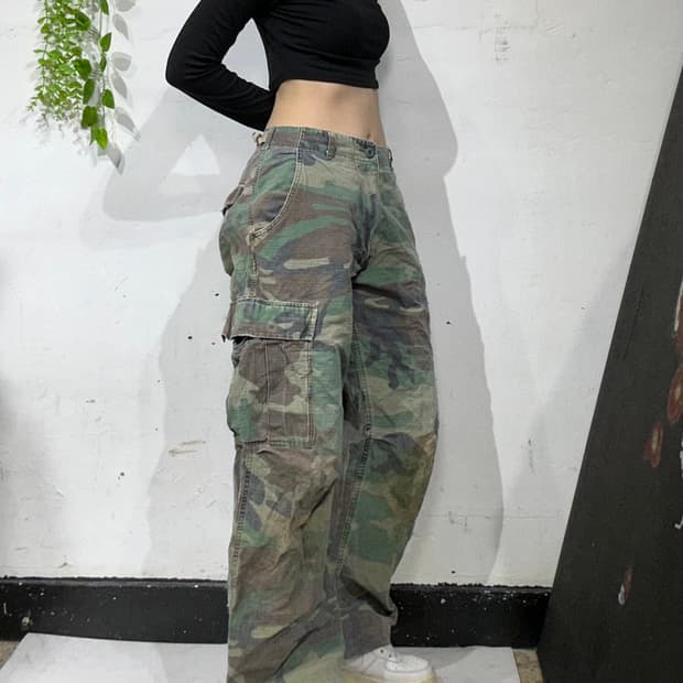 빈티지 카키 군복 와이드 밀리터리 카모 립스타 카고 팬츠 군대 바지 