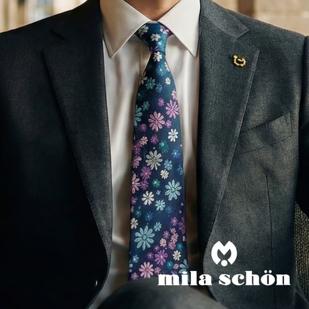 밀라숀 실크 네이비 플로럴 패턴 넥타이 9.7cm A+등급 K2114
