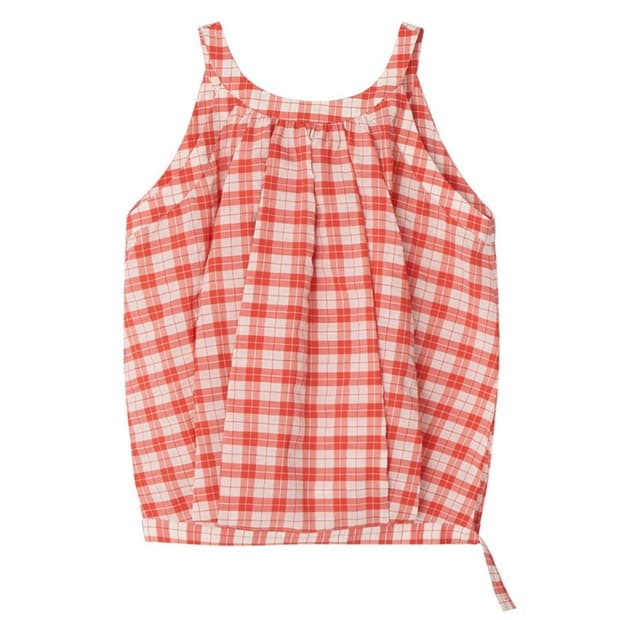 언쿡드 체크 볼륨 슬리브리스 블라우스