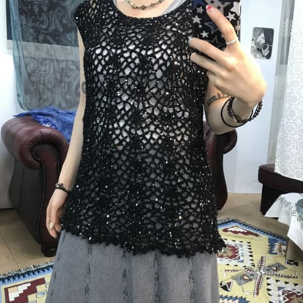 제페니즈 빈티지 여성 스팽글 그물 니트 베스트