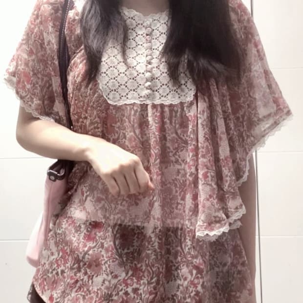 일본 빈티지 모리걸 블라우스 갸루 플라워 레이스 엑시즈팜깔
