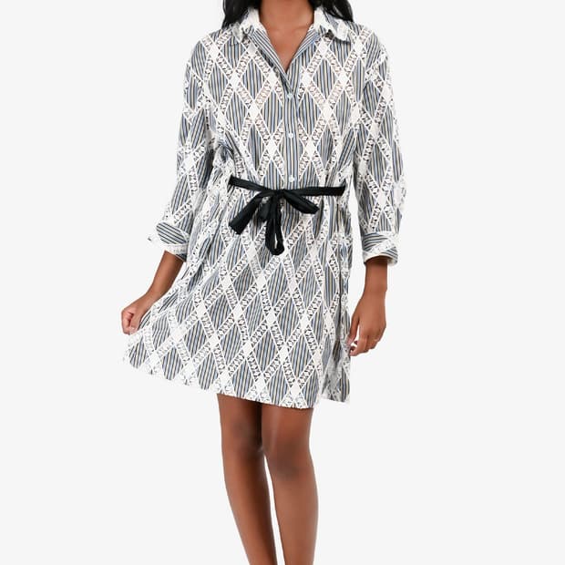 산드로 블루/화이트 스트라이프 코튼/레이스 셔츠 드레스