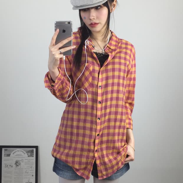 'Converse' Orange & Pink Plaid Shirt