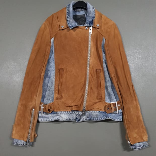 여성 S) 올세인츠 염소 스웨이드 지퍼 디테일 플레임 바이커 데님 자켓