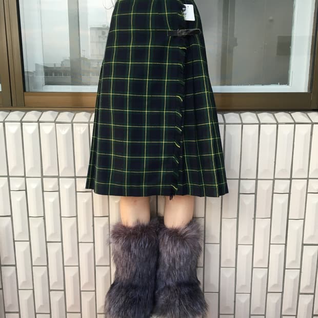 Belted wrap woolen check pattern skirt