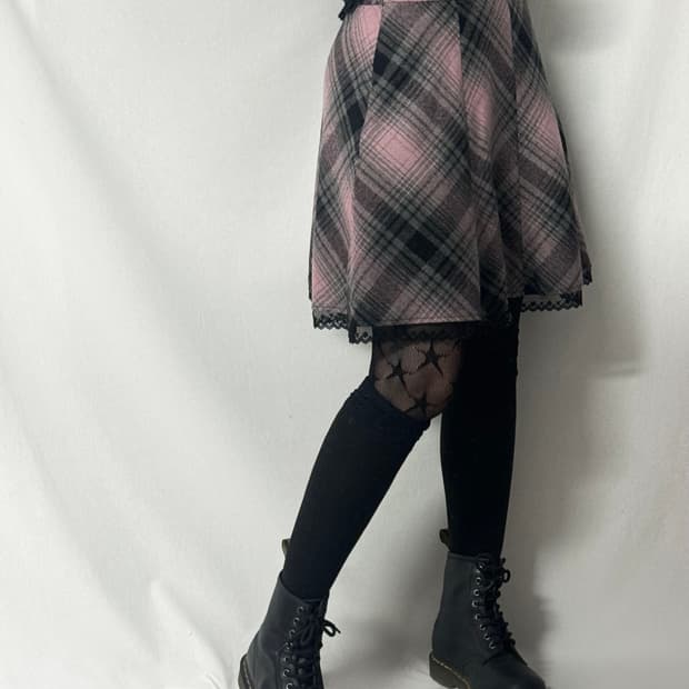 울 블렌디트 체크 글리터 패턴 레이스 밑단 스커트