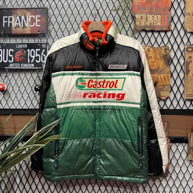 빈티지 올드스쿨 레이싱 패딩 자켓 전면 레이싱 로고 포인트 블랙