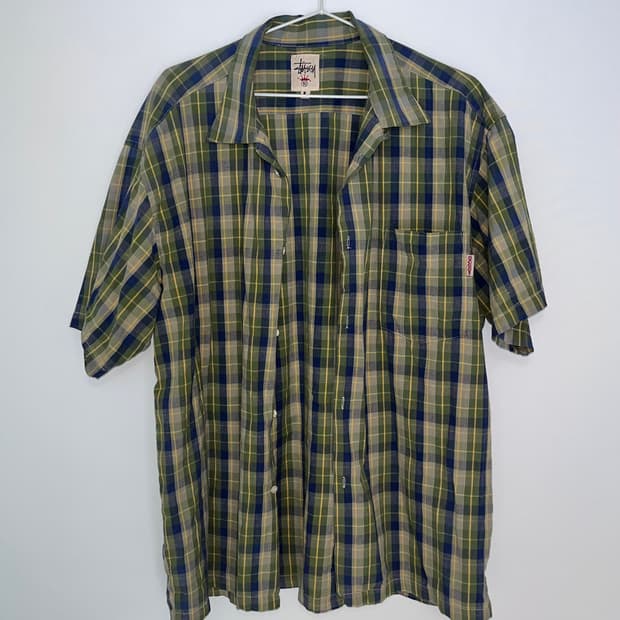 90s stussy 그린 플레이드 루프 칼라 셔츠