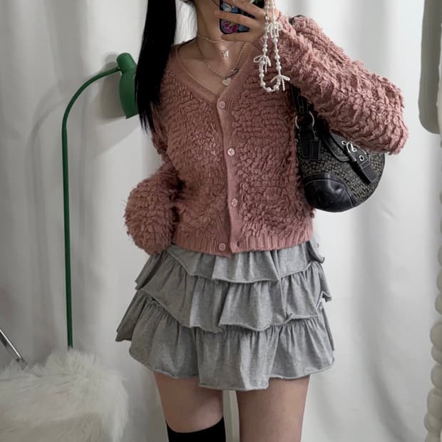 핑크 뽀글이 니트 가디건