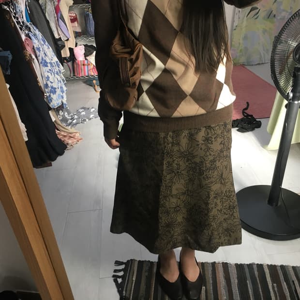 빈티지 어텀 플라워 자카드 미디 스커트