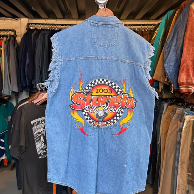 00s 스터지스 모터사이클 릴리 2003 페인팅 컷오프 데님 베스트