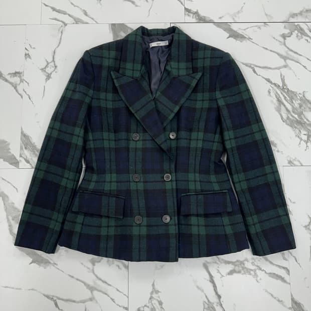 망고 체크 더블 브레스티드 블레이저