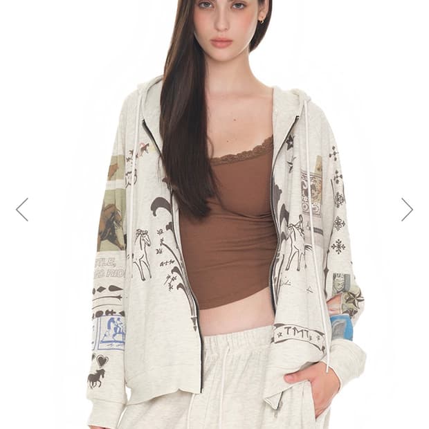 PRINTED WAFFLE ZIP-UP HOODIE (IVORY)