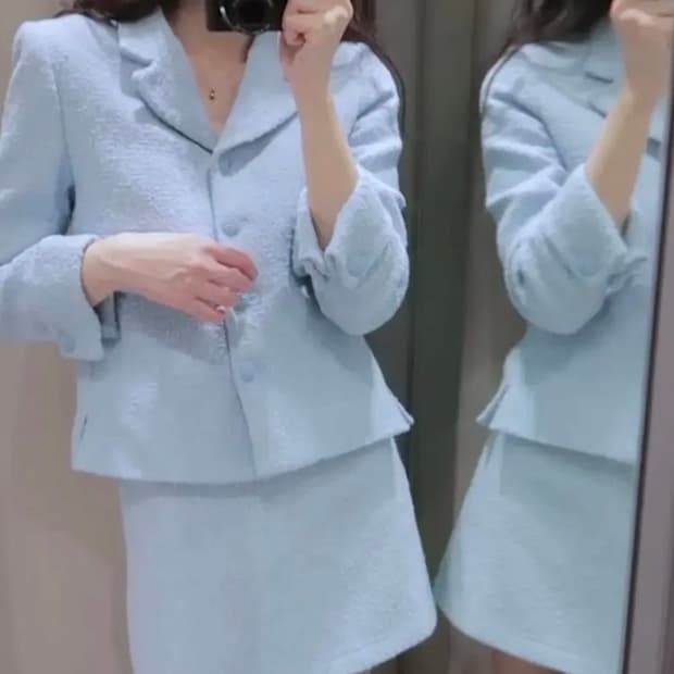 자라 스트럭처 트위드 셋업 세트 파스텔 하늘색