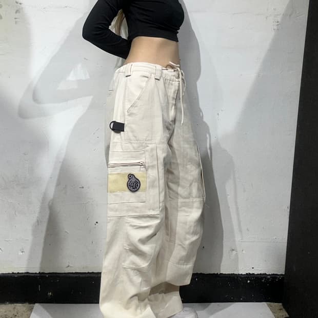 빈티지 오드볼스클럽 베이지 빅 포켓 카고 바지 와이드 힙합 팬츠 