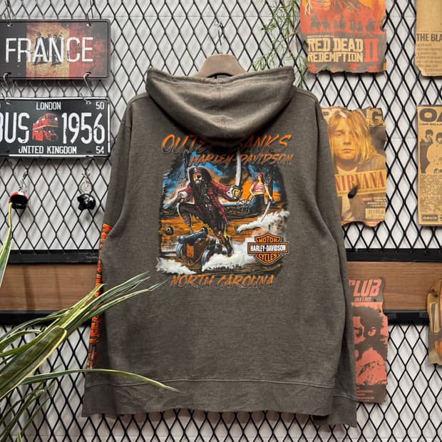 할리데이비슨 후드 집업 후면 아우터 뱅크스 해적 프린팅 포인트 차콜