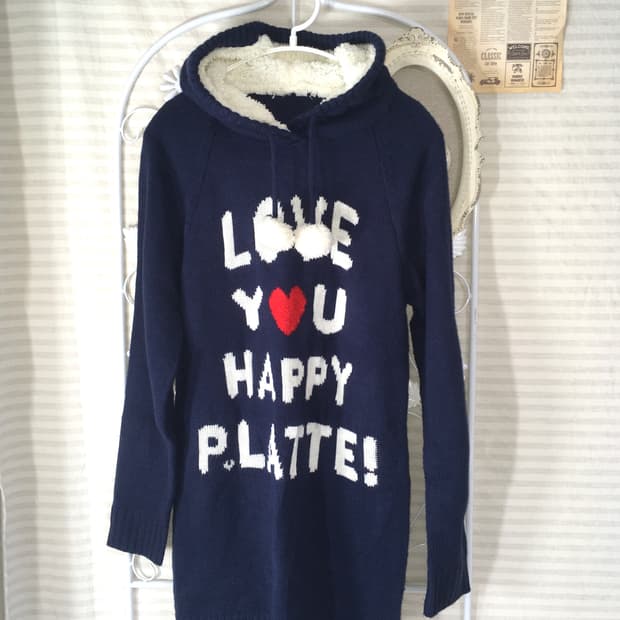 일본빈티지 네이비 후드 퍼 폼폼이 니트 원피스