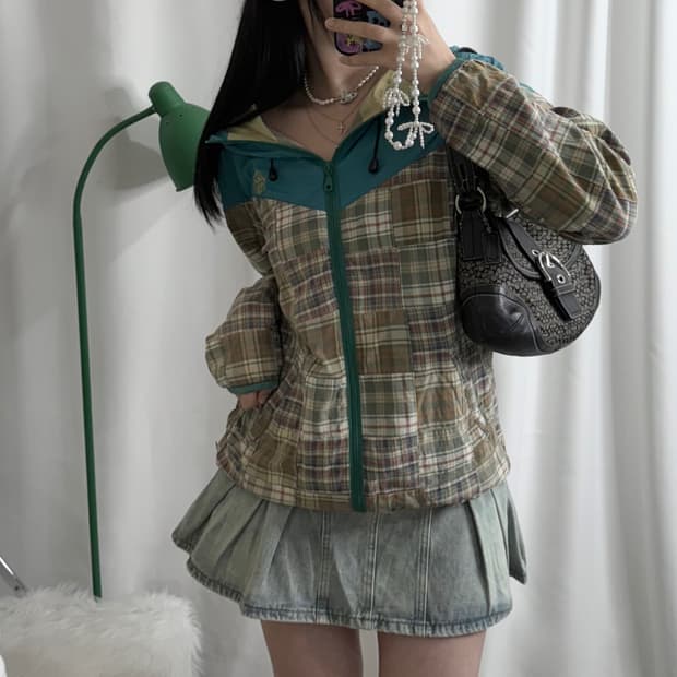 베이지 체크 오버핏 후드 집업
