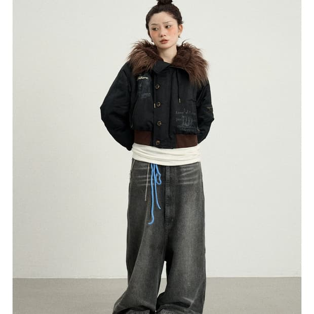 아치하라 퍼 후드 숏패딩 m