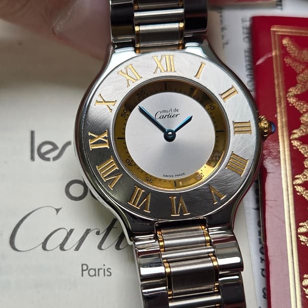 빈티지 까르띠에 머스트드 21C 콤비 31mm 남녀공용 블루핸즈 쿼츠 